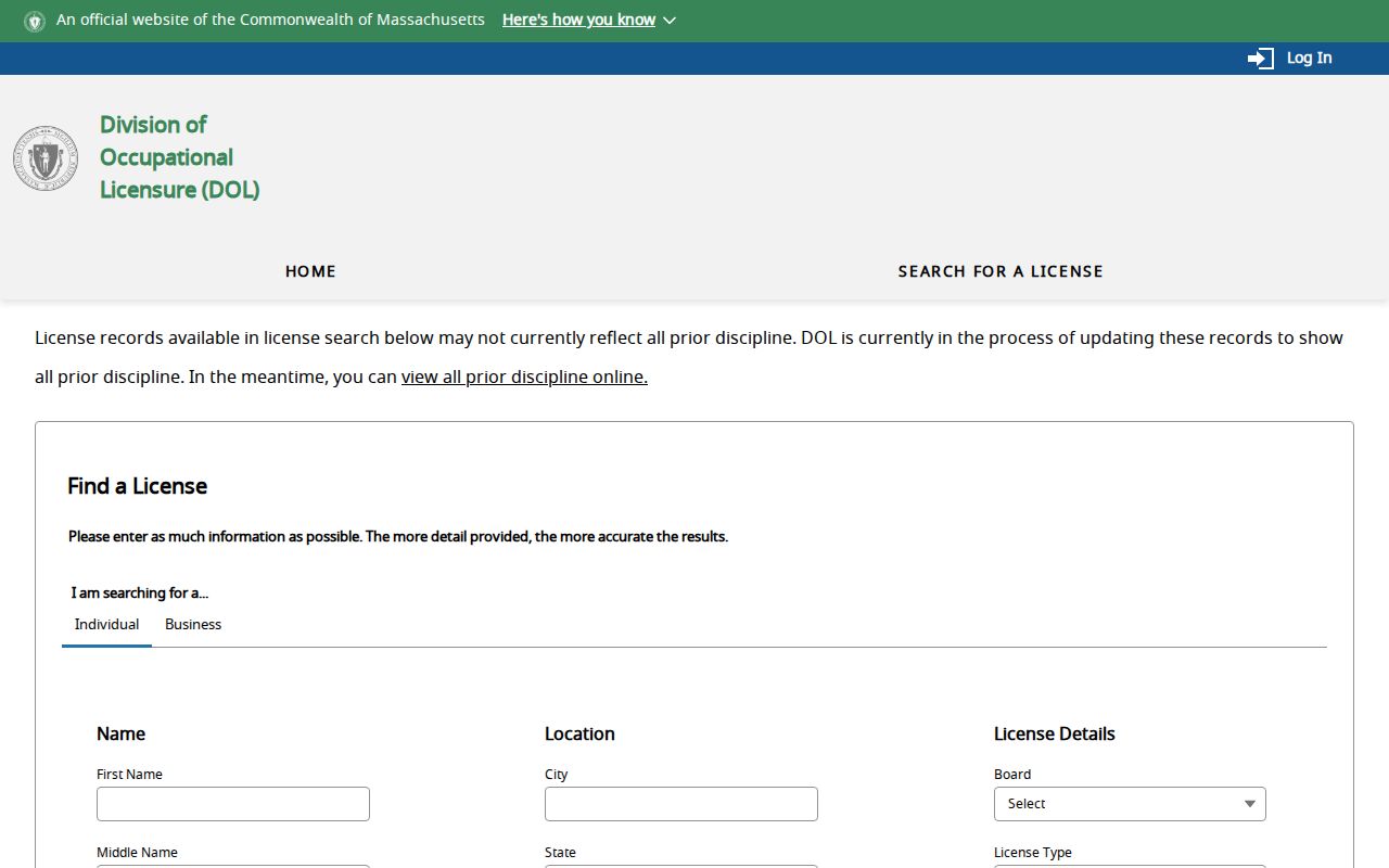 Stoneham resident lookup view of the Massachusetts occupational license search