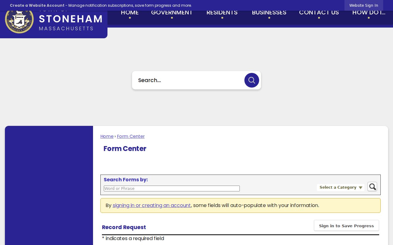 Stoneham resident lookup view of the Stoneham Police online record request form